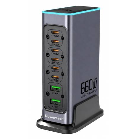 POWERTECH σταθμός φόρτισης PT-1621, 2x USB & 6x USB-C, GaN, 140W, γκρι