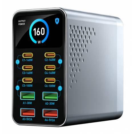 POWERTECH σταθμός φόρτισης PT-1687, 4x USB & 6x USB-C, GaN, 165W, γκρι