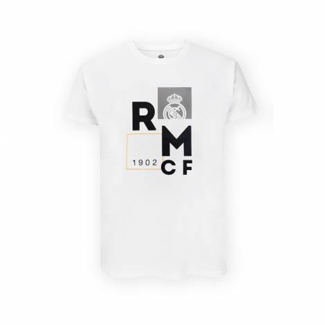 Real Madrid CF Official T-Shirt – White Minimalist 'RMCF' Block Print – Size M (RM1CE110)