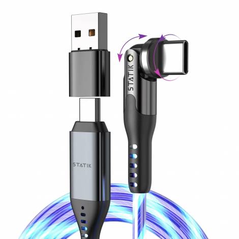 STATIK Καλώδιο Φόρτισης USB-A/Type C σε Type C Περιστρεφόμενη, 60W Power Pivot Pro Μαύρο/Διάφανο Μπλε PUP-0465-6FT-CC