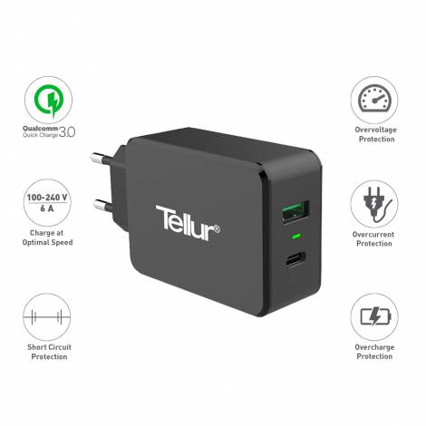 Tellur Dual USB Wall Charger Quick Charge 3.0 6A Φορτιστής δύο θυρών (USB-C + QC3.0), σε μαύρο χρώμα
