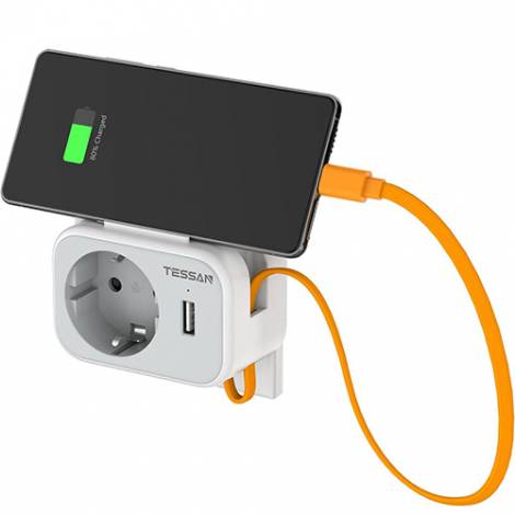 TESSAN 3 IN 1 WALL SOCKET 1xSCHUKO, 1xUSB, 1xTYPE-C CABLE 15CM