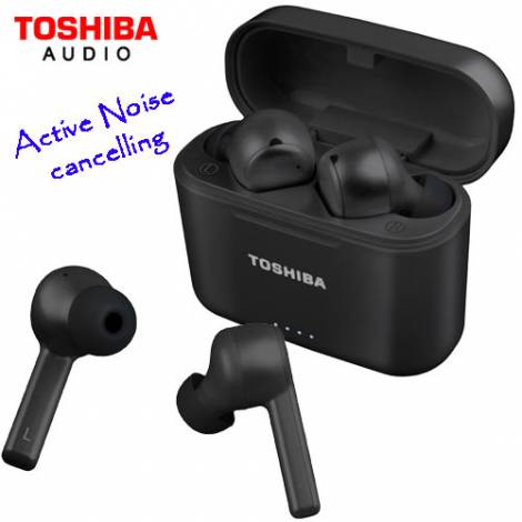 TOSHIBA AUDIO ACTIVE NOICE CANCELLING TRUE WIRELESS EARBUDS WITH RECHARGEABLE CASE BLACK