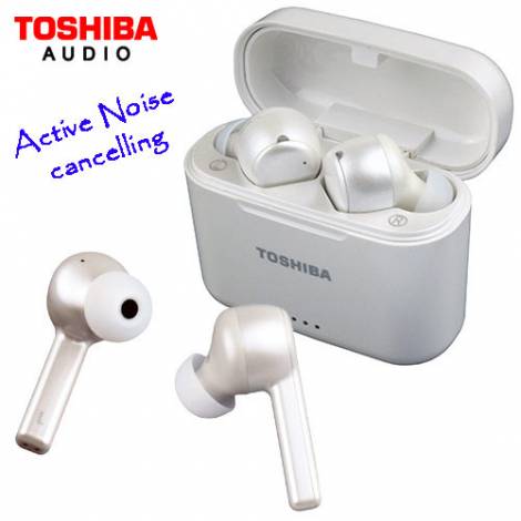 TOSHIBA AUDIO ACTIVE NOICE CANCELLING TRUE WIRELESS EARBUDS WITH RECHARGEABLE CASE PEARL WHITE