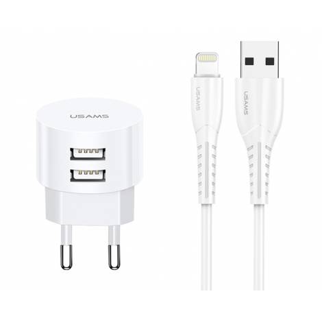 USAMS φορτιστής τοίχου T20 & καλώδιο Lightning, 2x USB, 2.1A, λευκός